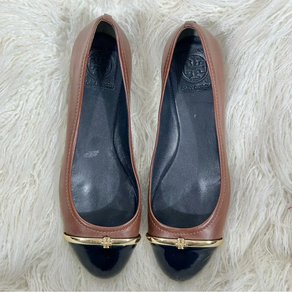 Tory Burch Pacey Cap-Toe‎ Brown Leather Ballet Flats Size 8.5M
